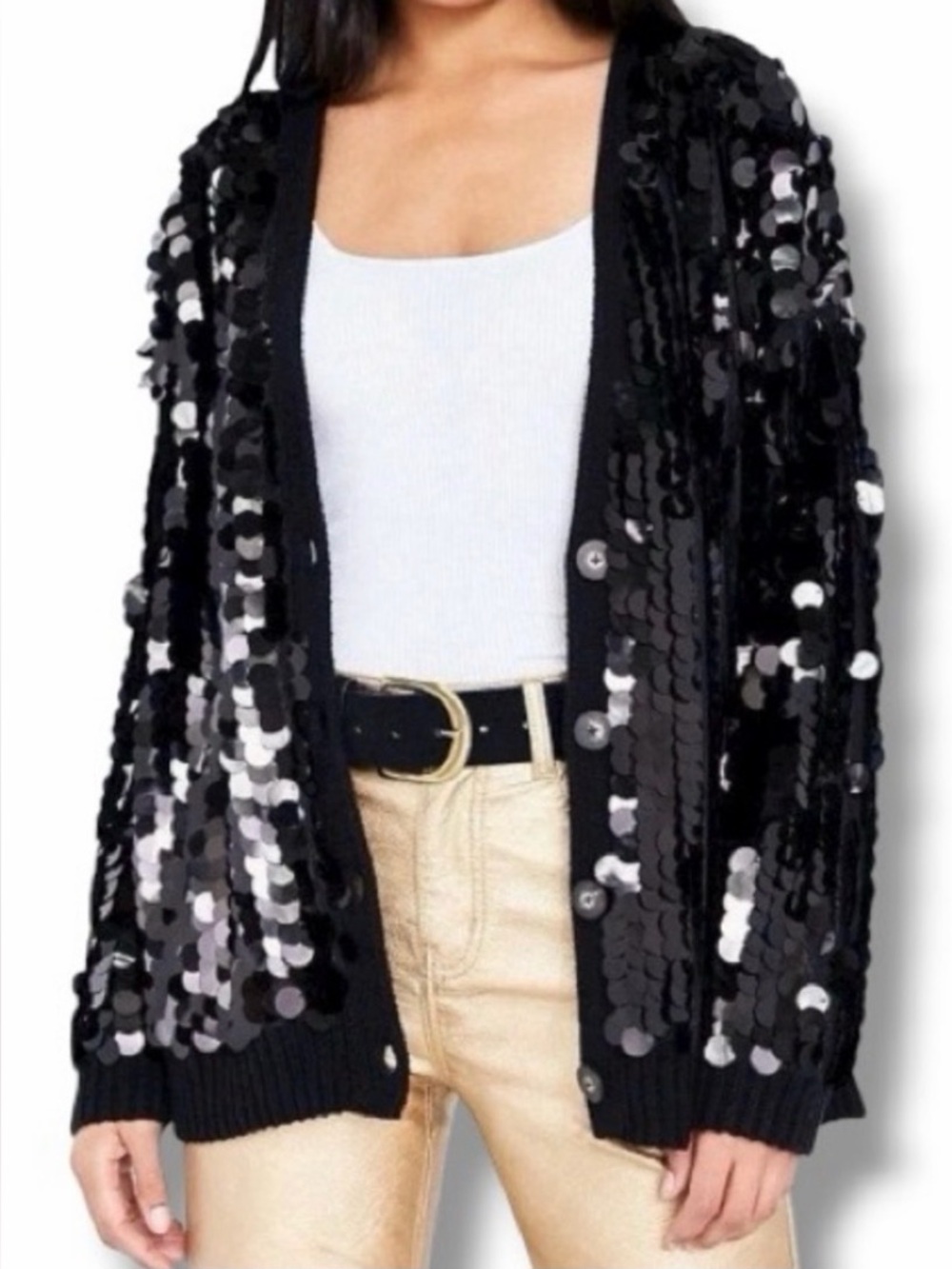 Silence & Noise Urban Outfitters Stassy Sequin Cardigan Sweater One Size Black
